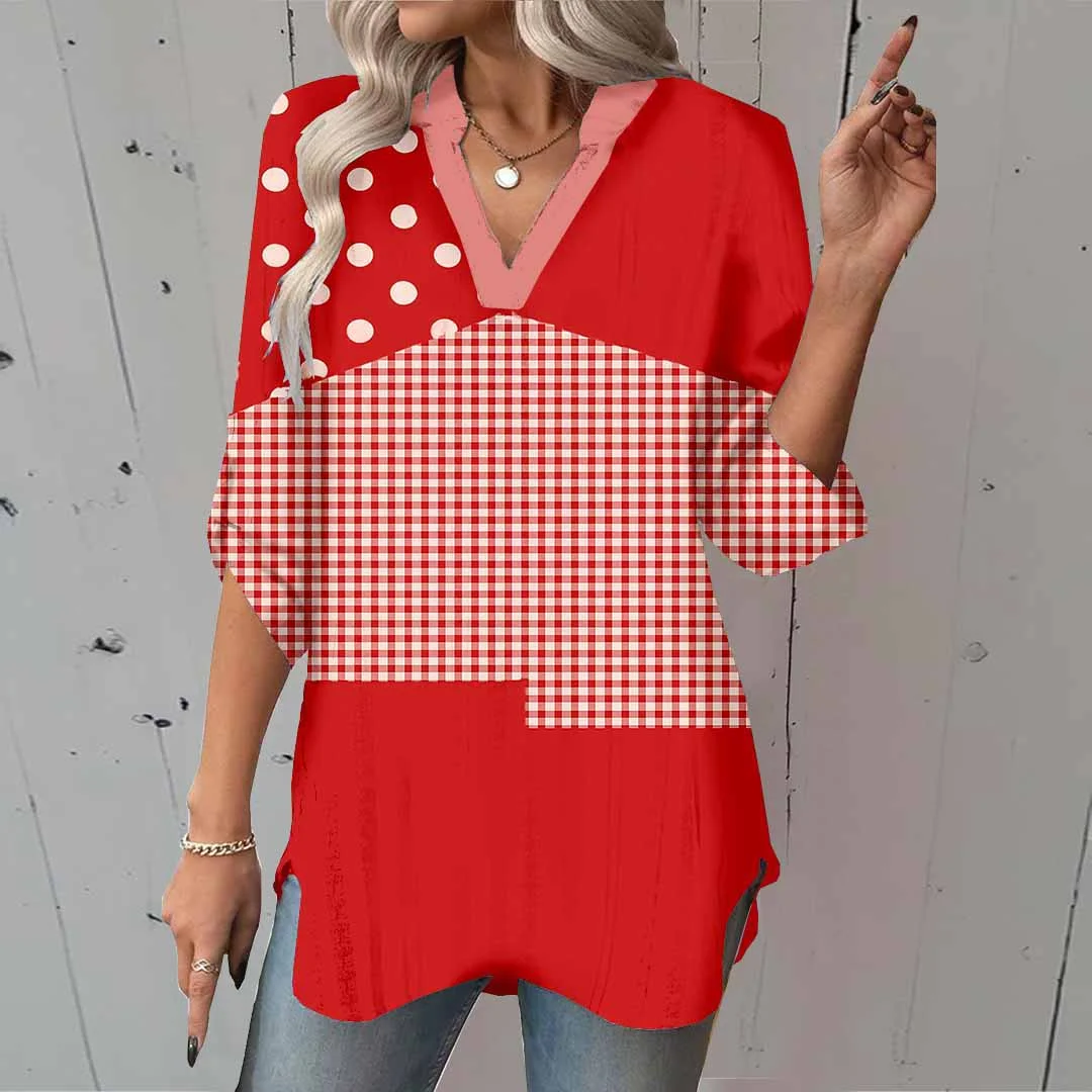 Women Polka Dot, Striped, Red DZGA0048 3/4 Sleeve V-neck Printed Graphic Button Tops