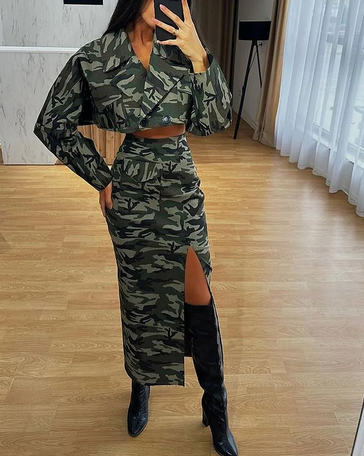 Camouflage Suit & High Waist Slit Skirt Two Piece Set