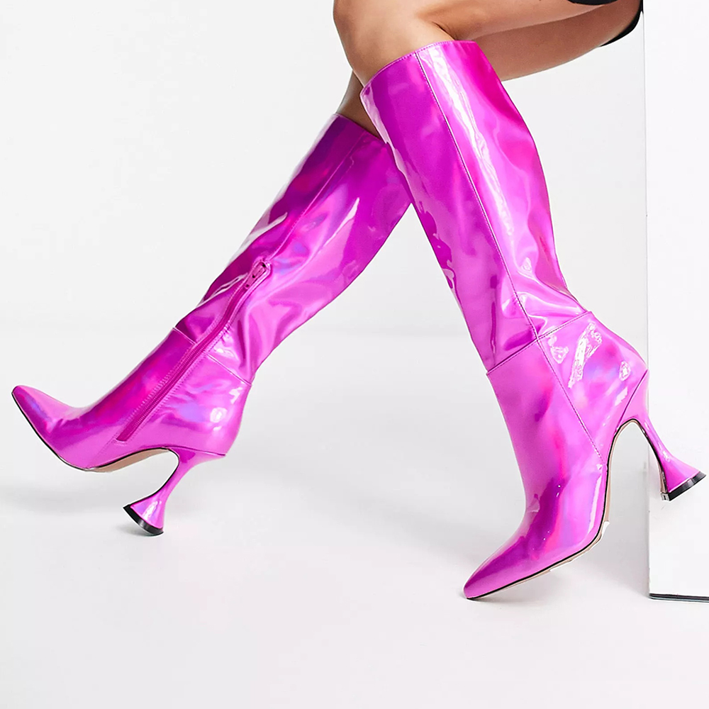 Fuchsia Holographic Pointed Toe 3'' Flared Heel Knee High Boots Nicepairs