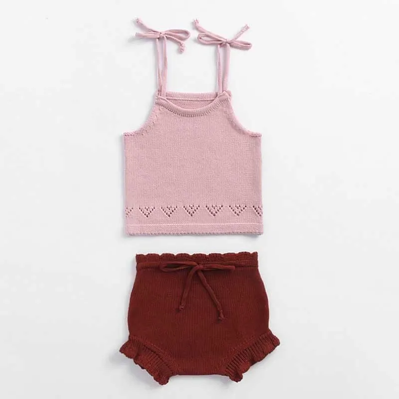 2019 Autumn Pink Knitted Suits Baby Kids Clothes Sets Sweater Girls Sets Ruffles Long Sleeve Sweater+PP Short 2Pcs Kids Suits