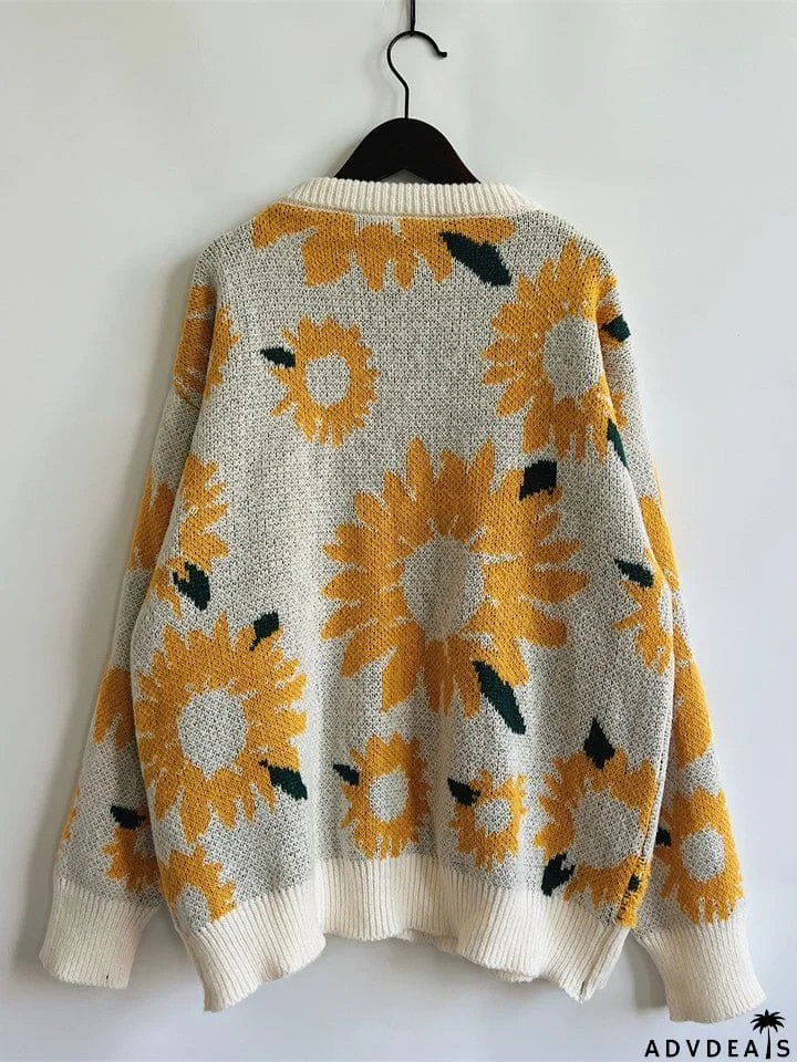 Female Sunflower Crew Neck Pullover Knit Sweater