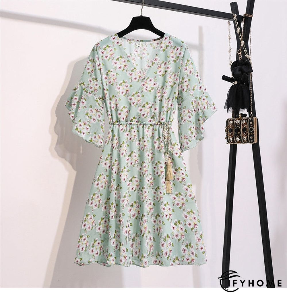 Spring Summer Chiffon Women V-Neck Floral Print Short Dresses Sweet Ruffle Sleeeve Slim Drawstring Ladies Dress | IFYHOME