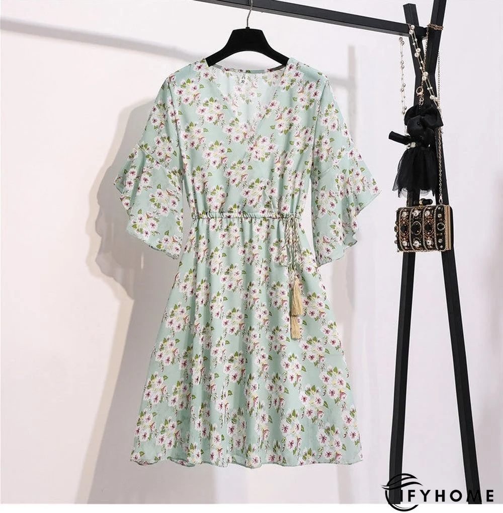 Spring Summer Chiffon Women V-Neck Floral Print Short Dresses Sweet Ruffle Sleeeve Slim Drawstring Ladies Dress | IFYHOME