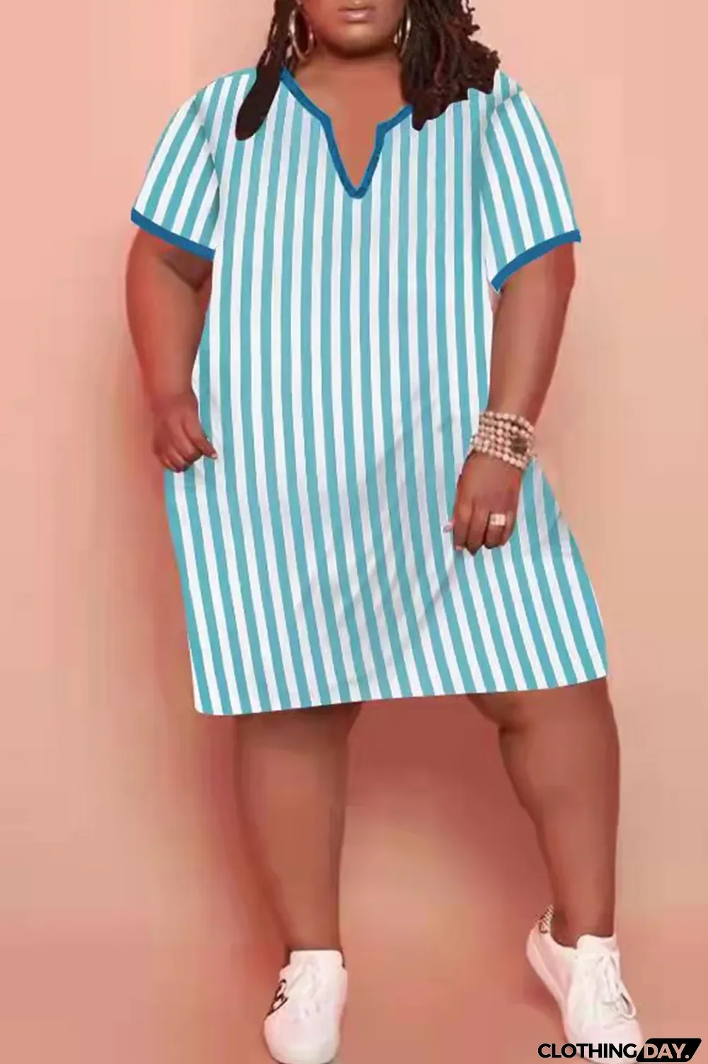 Light Blue Fashion Casual Plus Size Striped Print Split Joint V Neck Short Sleeve Dress