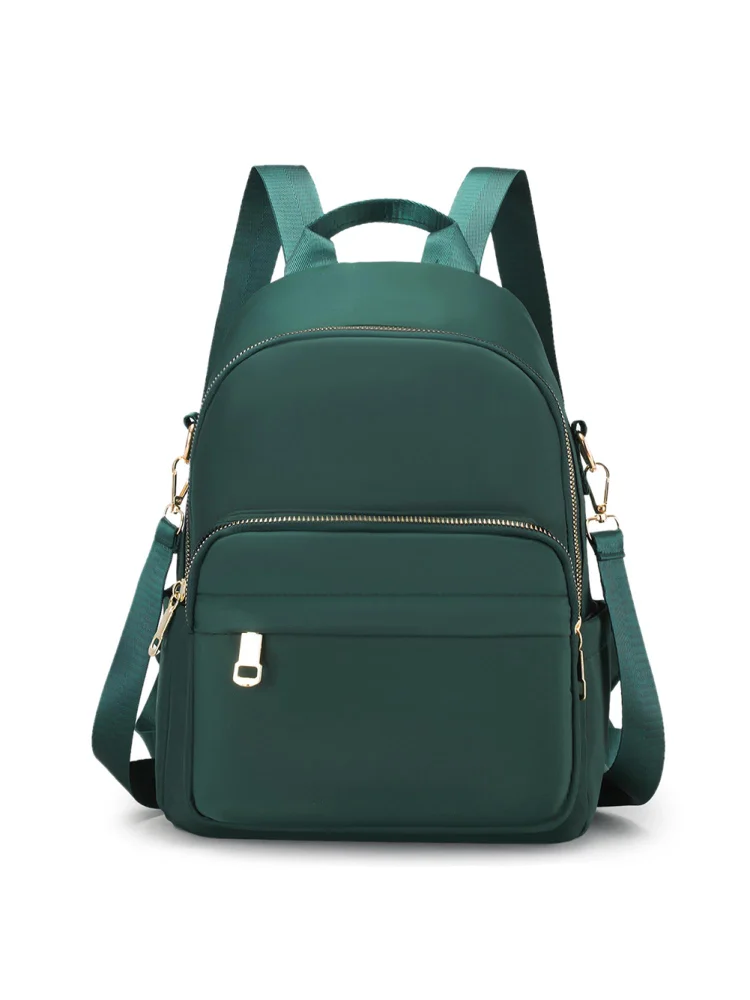 Women Nylon Solid Color Backpack Zipper Large Capacity Laptop Bag (Green