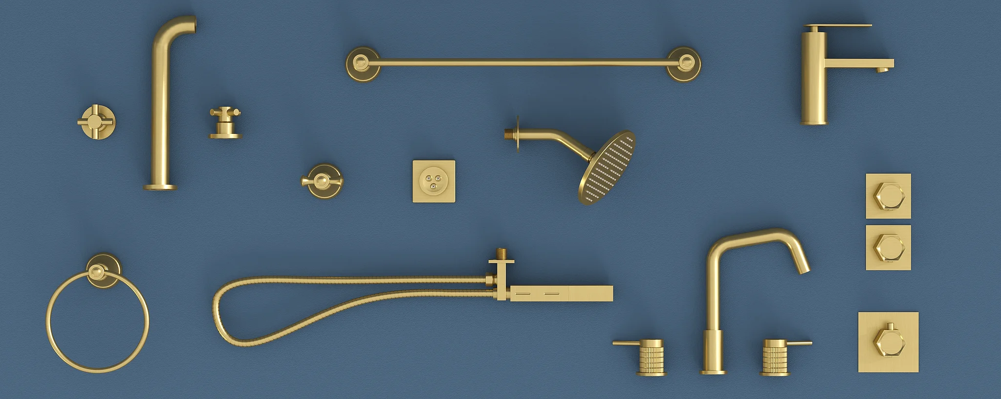 Elita Widespread Bathroom Faucet, Towel Ring, Single-Hole Faucet, Robe Hook in Brushed Gold