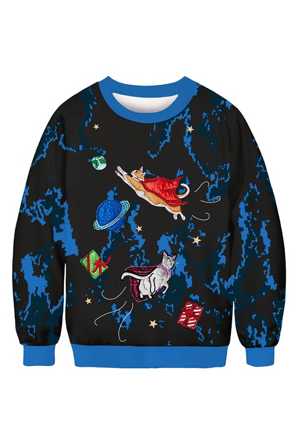 Funny Christmas Space Cat Sweatshirt Black-elleschic
