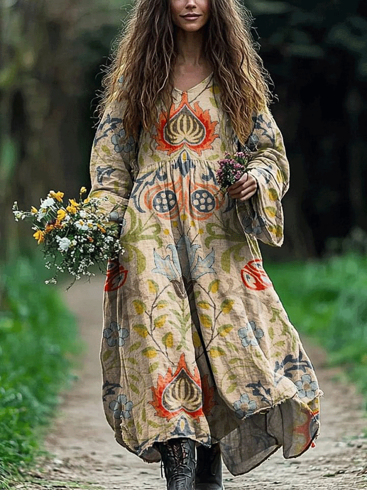Women's Vintage Lovely Floral Art Print Pocket Cotton Dress
