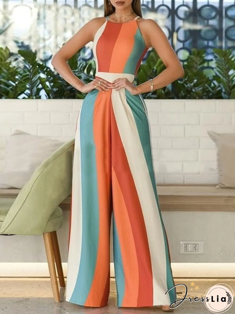 Women'S Jumpsuits Halterneck Striped Print Wide-Leg Jumpsuit