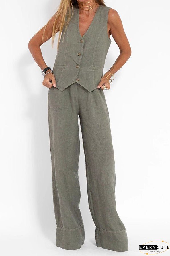Eddie Linen Blend Button Vest and Elastic Waist Pocketed Wide Leg Pants Set