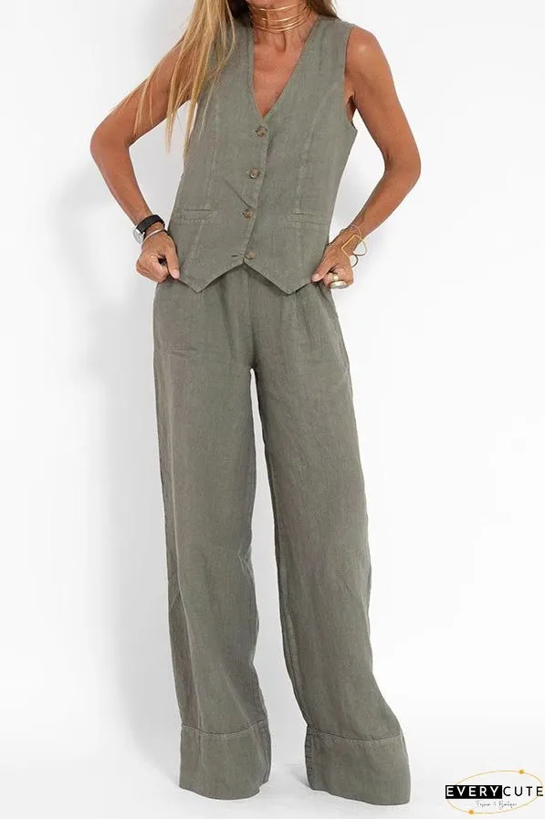 Eddie Linen Blend Button Vest and Elastic Waist Pocketed Wide Leg Pants Set