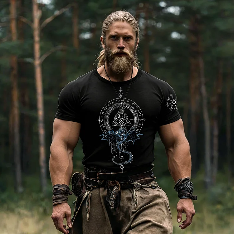 Men's Viking Vegvisir With Celtic Dragon Print Comfy T-shirt