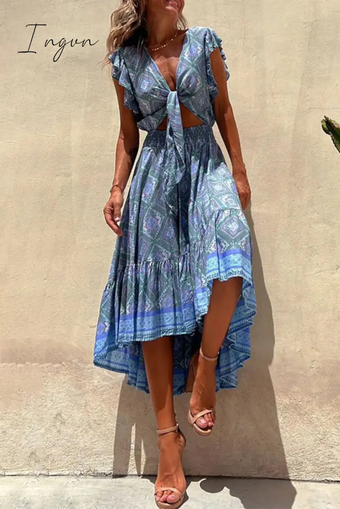 Ingvn - Sexy Vacation Floral Bandage V Neck Printed Dress Dresses Blue / S Dresses/Floral