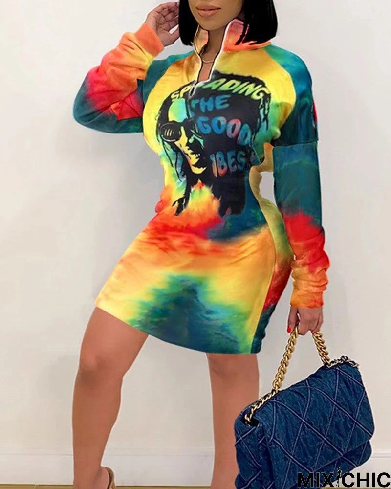 Tie Dye Graphic Print Zipper Front Sweatshirt Dress