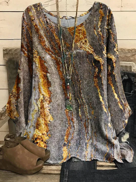 Women's Retro Marble Print Casual Tops