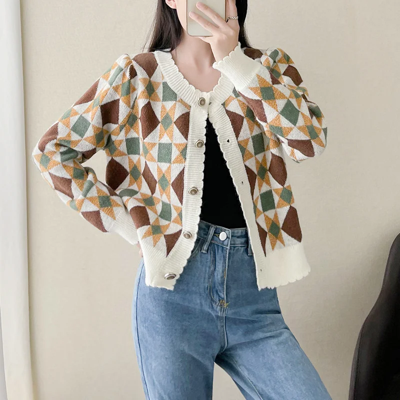 Woherb Impact Color Diamond Plaid Knitted Cardigan Women's Fashionable Sweater Round Collar Autumn And Winter Style Coat Bubble Long-Sleeved Blouse-Outfit Ideas