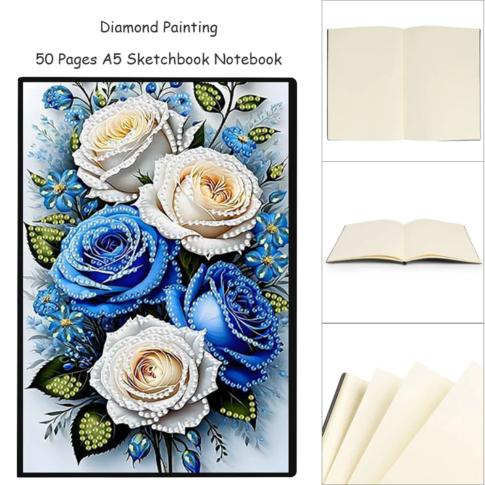 Roses 5D DIY Diamond Art Painting Notebook Kit (50 Pages A5 No Lines) Rhinestone Art Painting Notebook Kit for Adults Beginners Holiday Birthday Gift