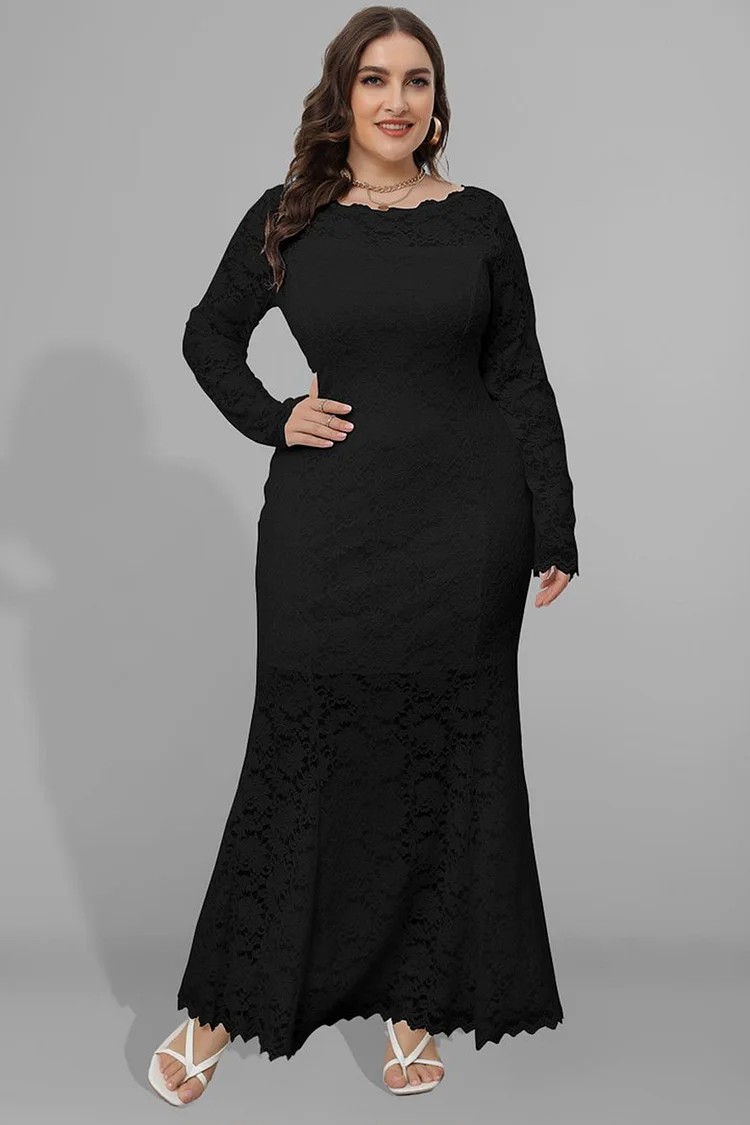 Plus Size Mother Of The Bride Black Lace Round Neck Long Sleeve Bodycon Elegant Maxi Dress  Flycurvy [product_label]