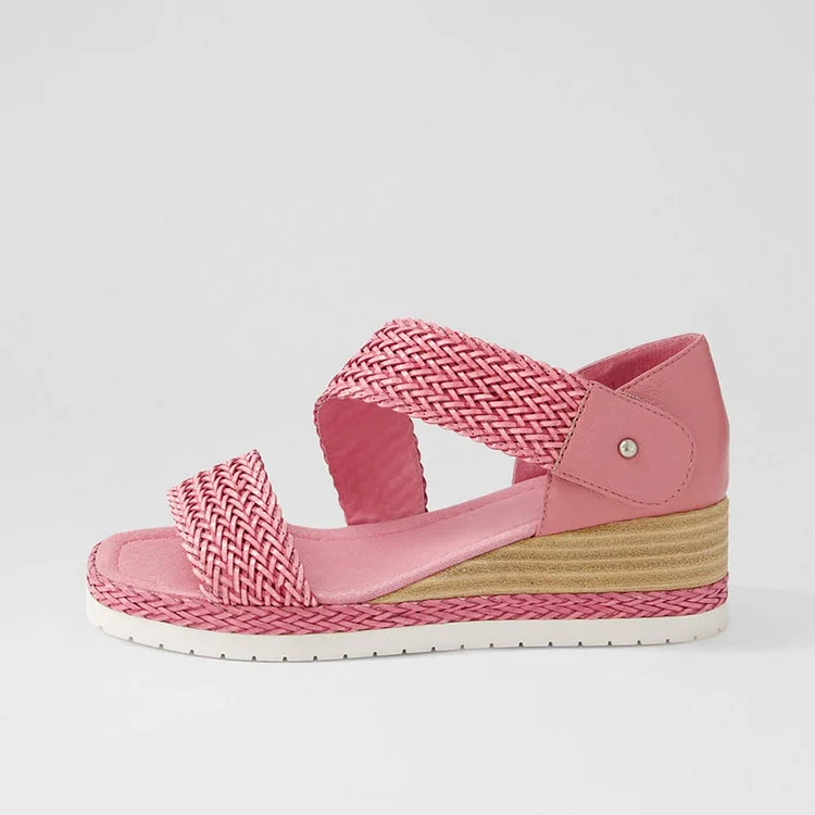 Pink Square Toe Woven Strappy Wedge Espadrille Sandals |FSJ Shoes