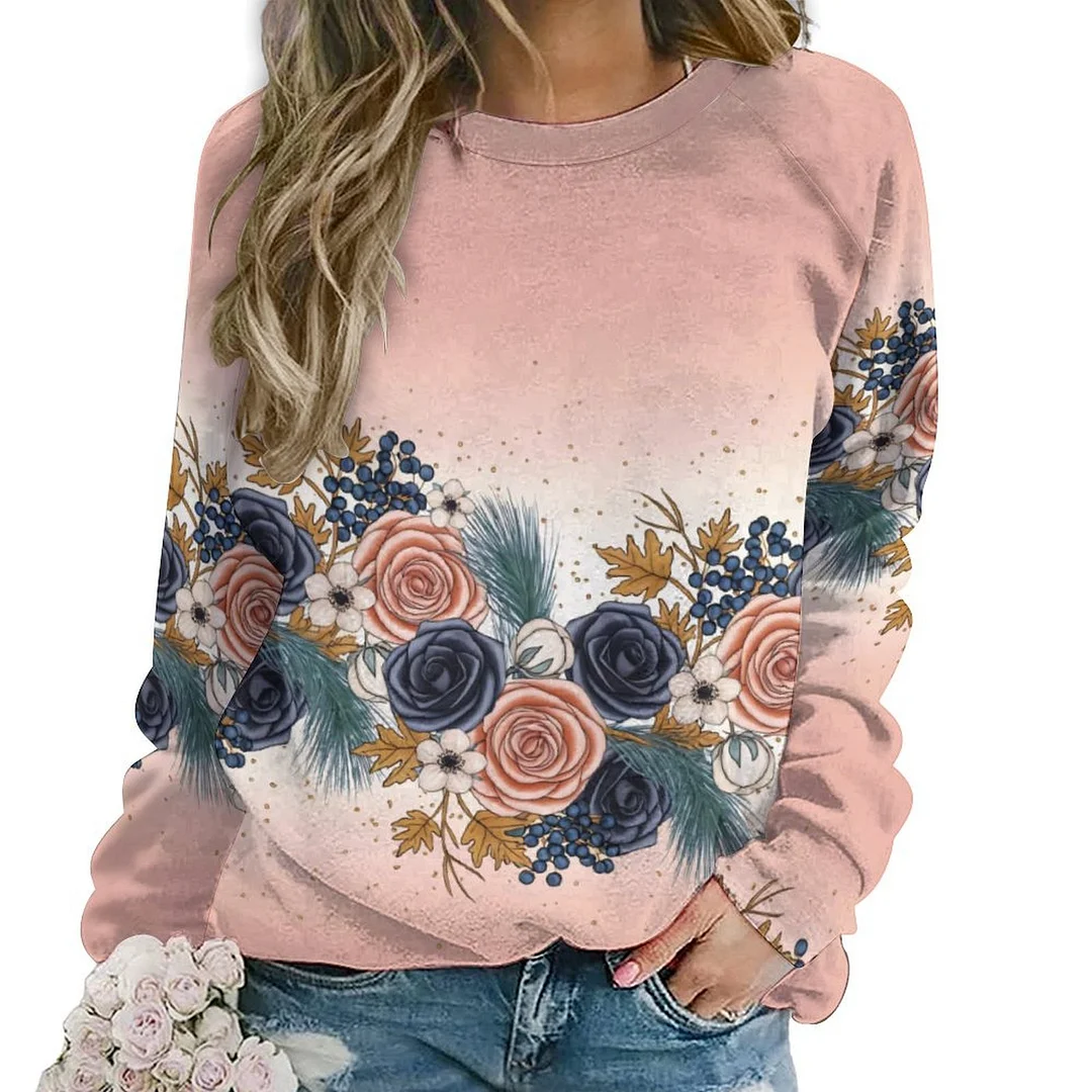 Printed Long Sleeve Casual Sweatshirt for  Women and Men Unisex Pattern Pink, Floral, Rose
