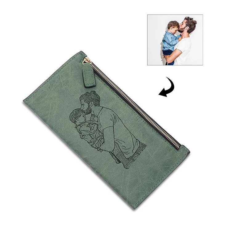 Women's Long Style Personalized Photo Wallet Engraved Zipper Wallet Olive Green