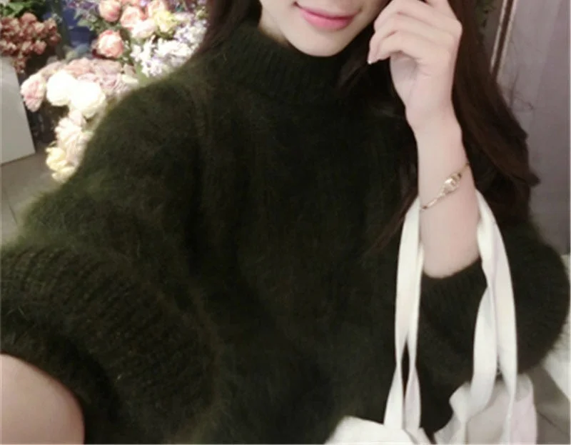 White Mohair Thicken Turtleneck Sweater Autumn Winter Sweet Fashion Lantern Sleeve Casual Solid Color Pullover pull femme