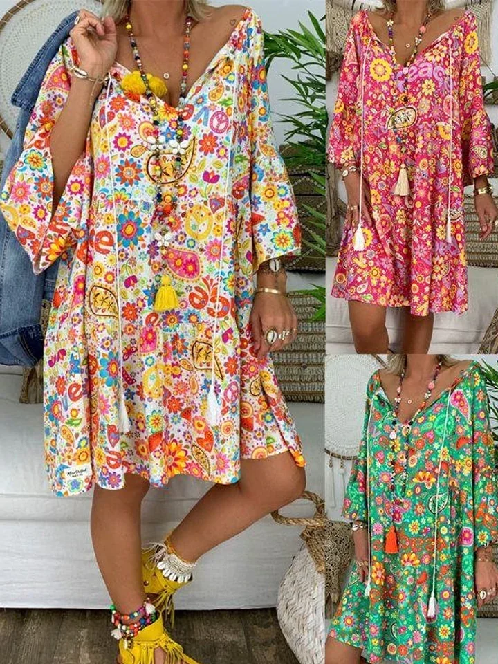 Summer Women Boho Floral Long Sleeve Dress Holiday Beach Shirt Dress Ladies Print Mini Dress Plus Size