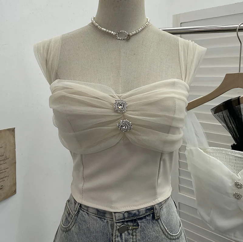 Nigikala Nigikala Shooting Net Red Pure Lust Folding Net Yarn Splicing Sling Sling Vest Bratie Short Sleeveless Top 8039