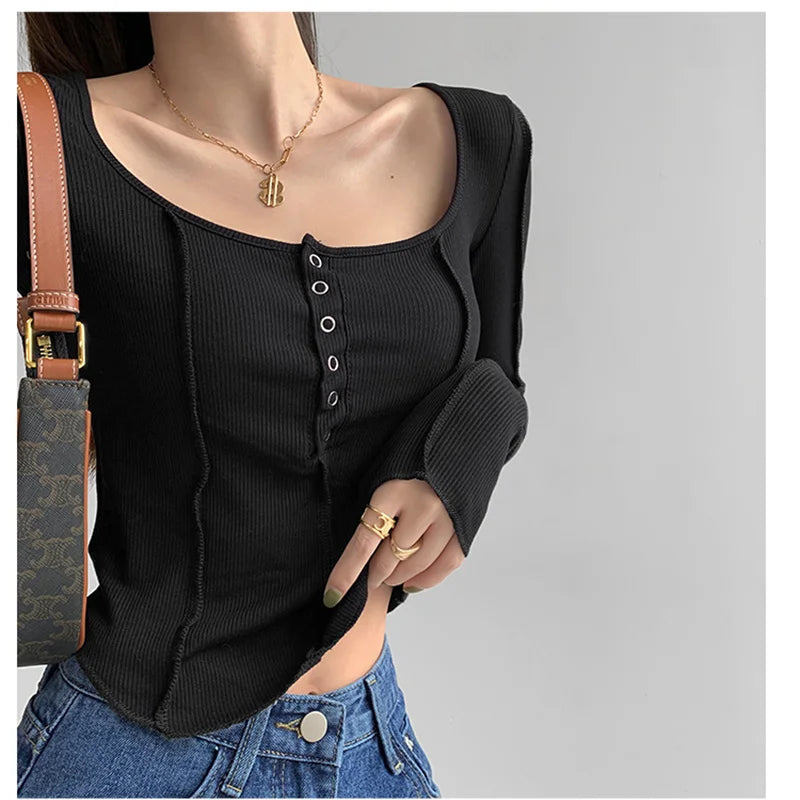 Aiertu T-shirts Women Skinny Inside Korean Fashion Spring Sexy Ladies Daily Long Sleeve Minimalist Solid Simple Chic Cozy Crops Design aiertu