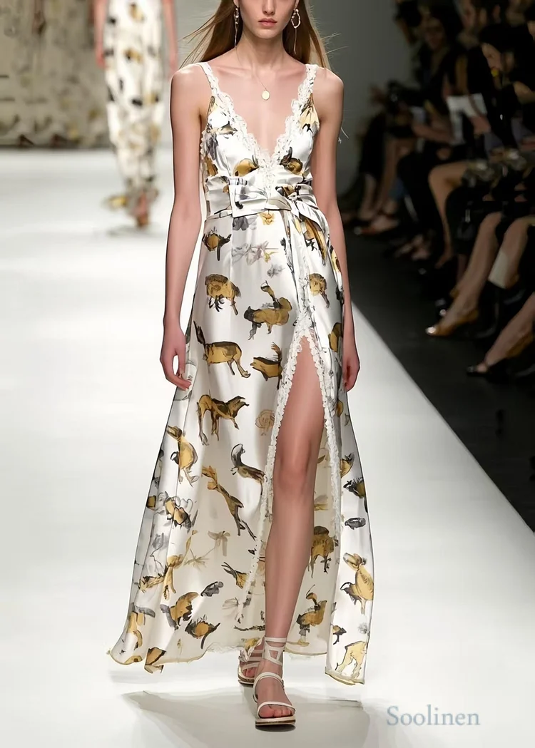 Art White Print Side Open Silk Cami Dresses Summer