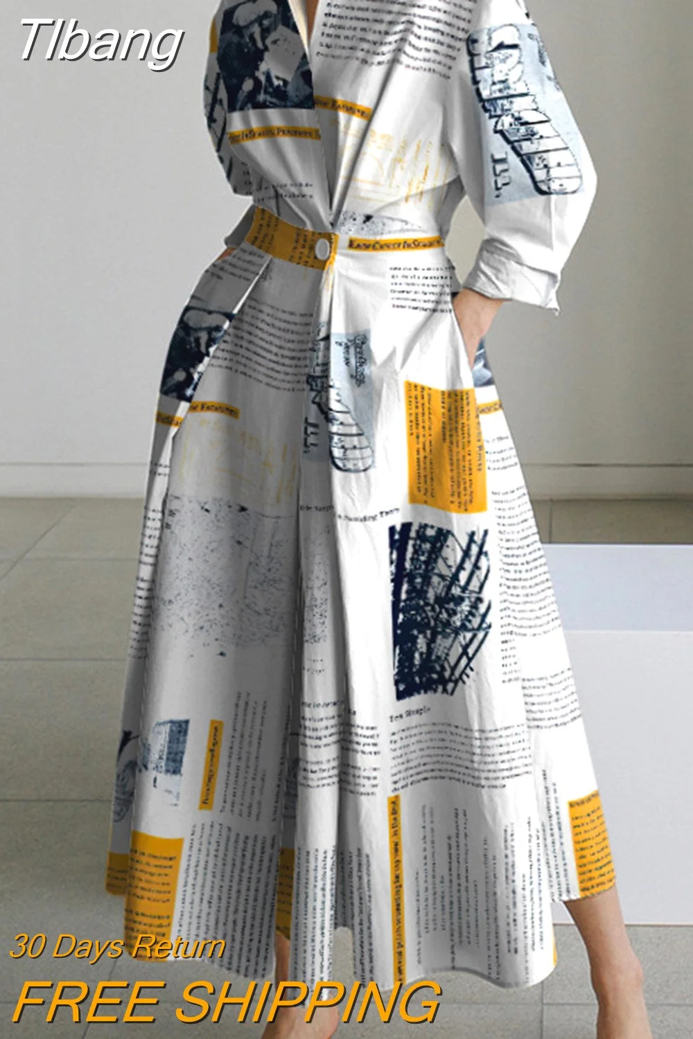 Tlbang 2023 New Female Fashion Newspaper Printed Lapel A-Line Dress Spring Autumn Long Sleeves Casual Personality Midi Dresses