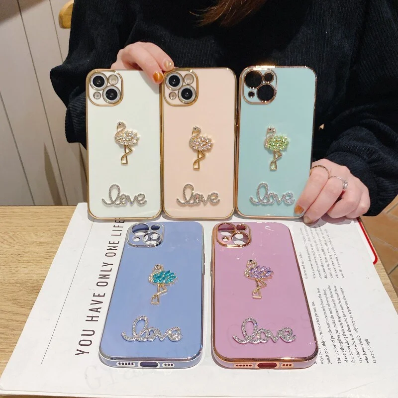Nigikala Crystal Flamingo Plating Soft Case For iphone 13 12 Pro Max MiNi 11 Pro X XS XR 6 S 7 8 Plus SE Phone Cover