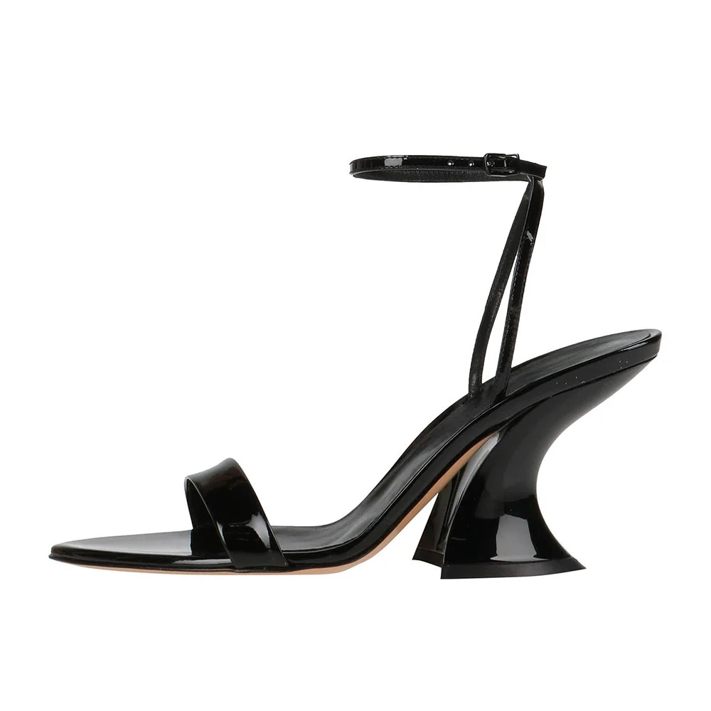 Black Pointed Toe Sculptural Heel Ankle Strap Sandals with Buckle