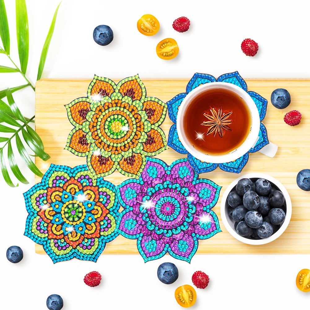 6pcs Datura DIY Diamonds Painting Coaster Woodiness with Rack Cup Pad Decor