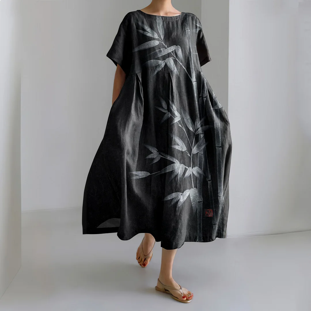 Japanese Art Bamboo Ink And Wash Linen Blend Maxi Dress