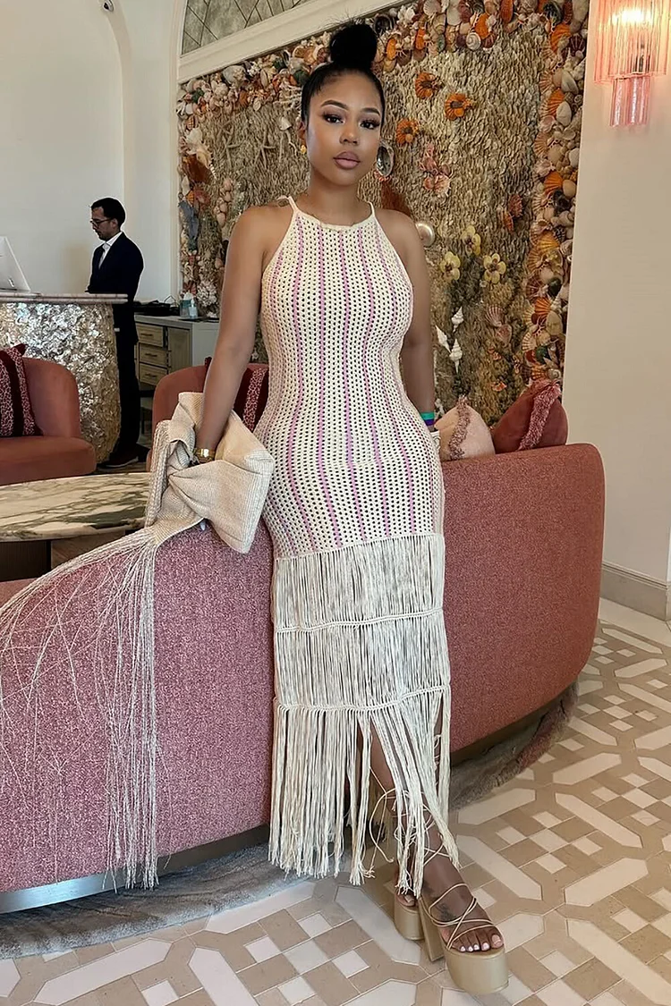 Striped Knit Bodycon Fringed Hem Sleeveless Maxi Dresses-White