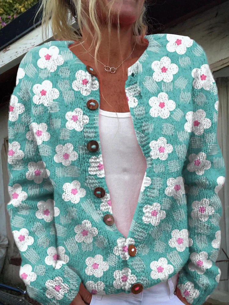 Vintage Floral Art Pattern Print Buttoned Cardigan Sweater