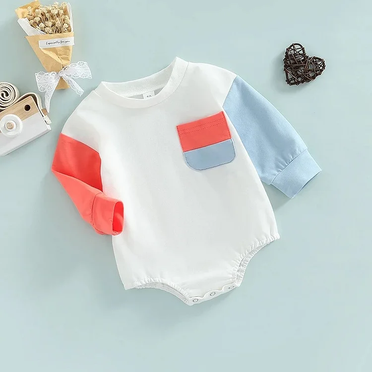 Baby Boy/Girl Pocket Design Block Color Long Sleeve Bodysuit