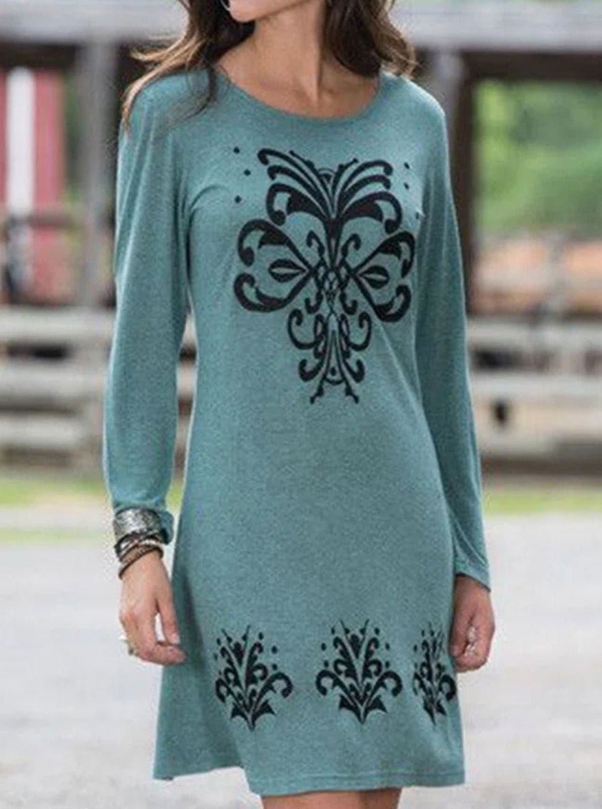 Fashion Pattern Print Round Neck Long Sleeve Casual Shift Dress | EGEMISS