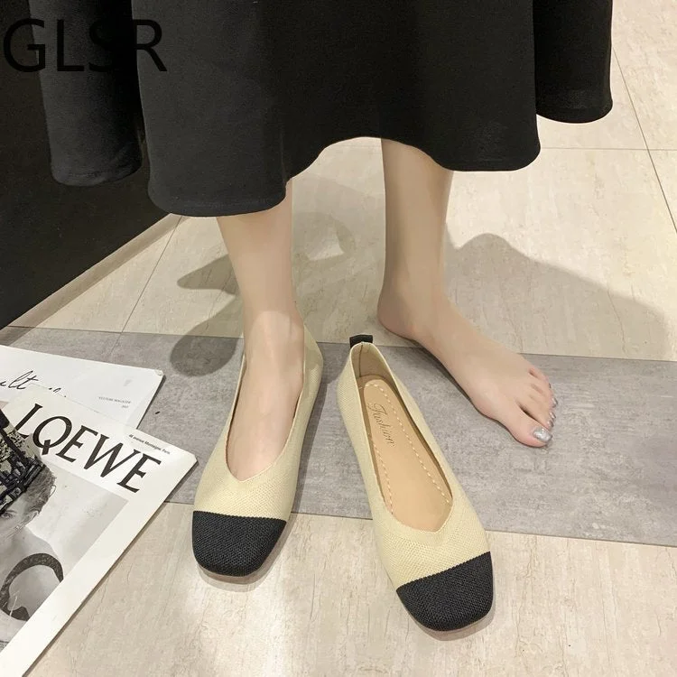 2020 NEW Women Slip On Flat Loafers Patchwork Square Toe Shallow Ballet Flats Shoes knitting Casual Flat Shoes Ballerina Flats
