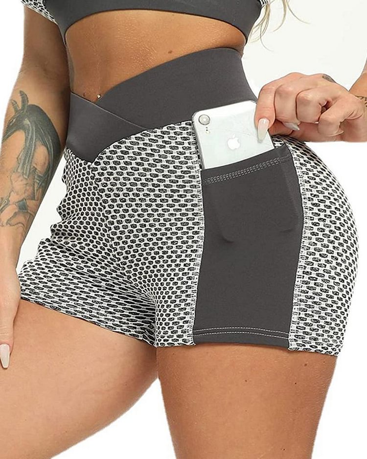 Colorblock Textured Pocket Detail Overlap Waist Sports Shorts - Shop Trendy Women's Clothing | LoverChic