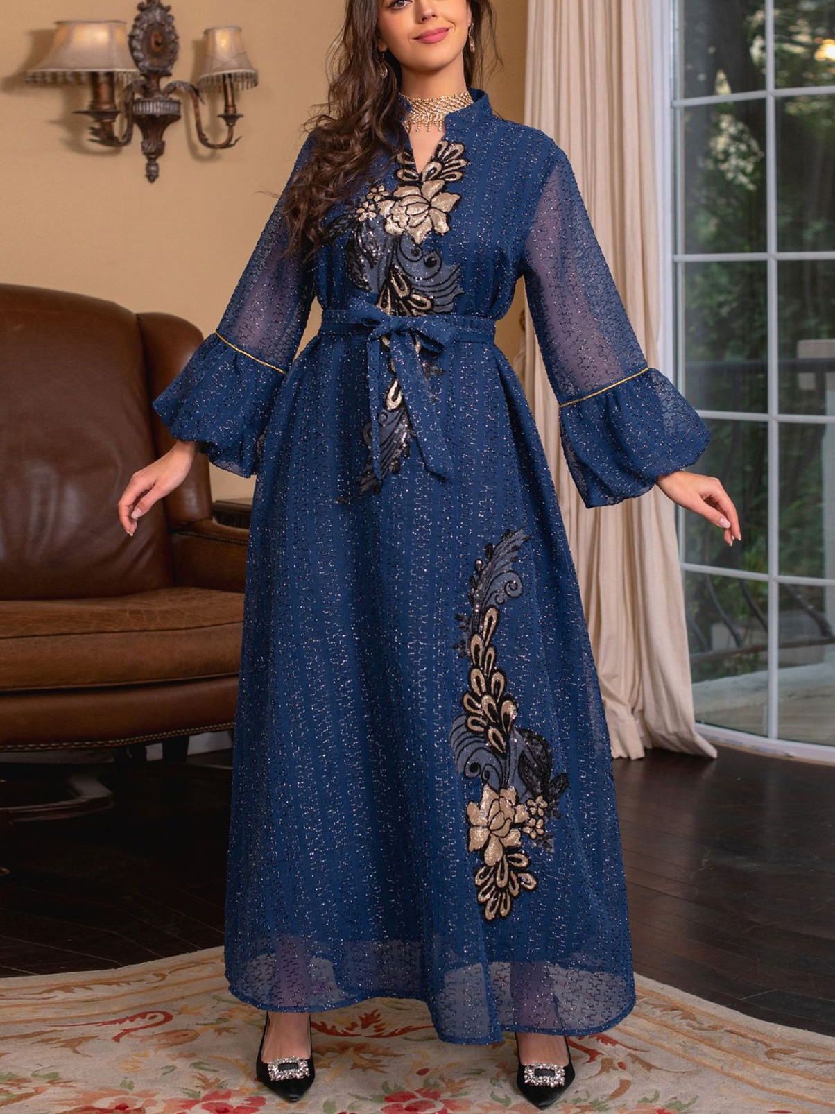 Floral Print Lapel Collar Long Sleeve Dress | Oxredo Shop Ramadan Sale