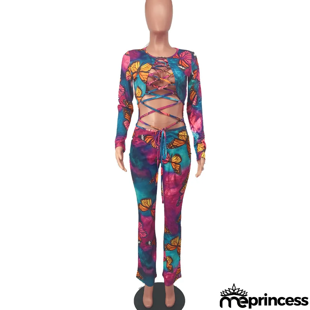 Women'S Sexy Lace-Up Butterfly Print Long Sleeve Jumpsuit