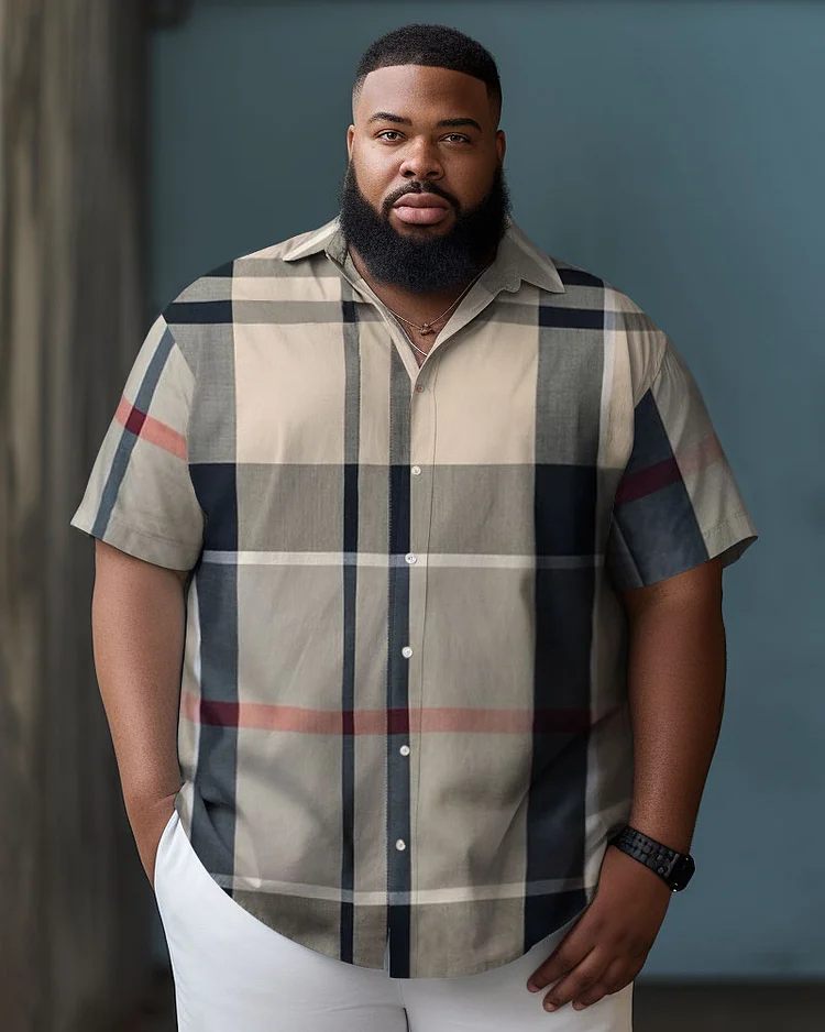 Men's Large Size Business Plaid Color Block Button-down Short Sleeve Shirt