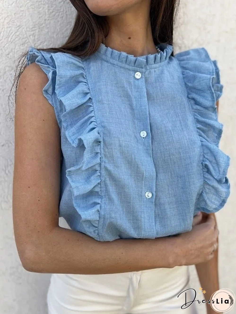 Sky Blue Sleeveless Ruffle Trim Cotton Linen Top