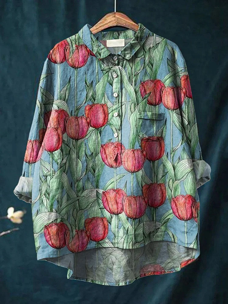Womens Vintage Lovely Tulips Art Print Casual Cotton And Linen Shirt