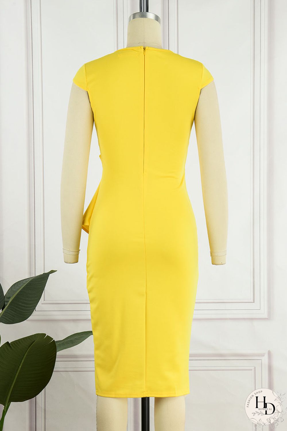 Yellow Casual Solid Patchwork Flounce Slit O Neck Dresses