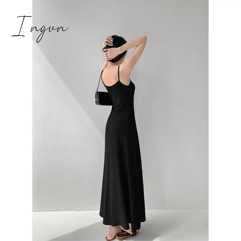 Ingvn - 2023 Summer Grey Dress Womens Straps Sleeveless Sexy Korean Fashion Black Suspender Simple