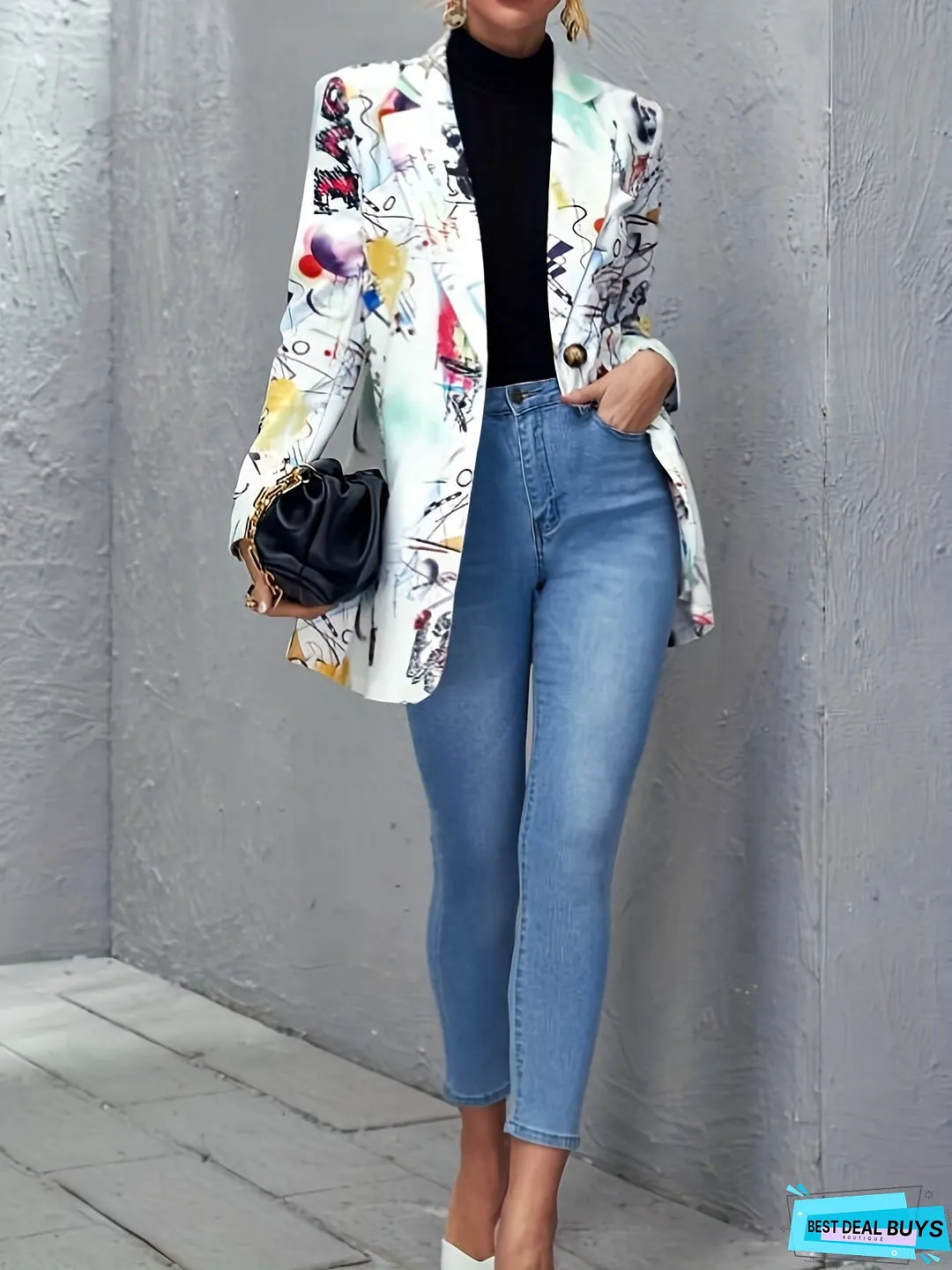Graphic & Art Print Blazer, Casual Long Sleeve Blazer For Spring & Fall, Women's Clothing