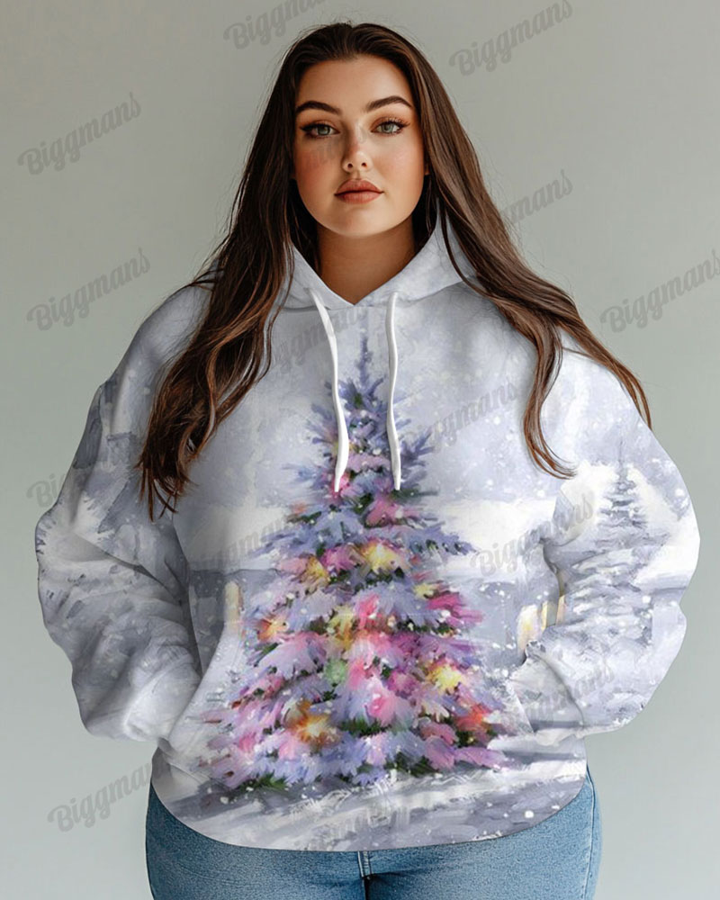 Women's Plus Fashion Colorful Christmas Tree Print Long Sleeve Hoodie